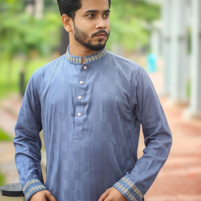 Dusky Blue Panjabi with Geometric Embroidery