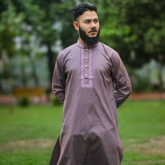 Mauve Cotton Panjabi with Geometric Chest Embroidery