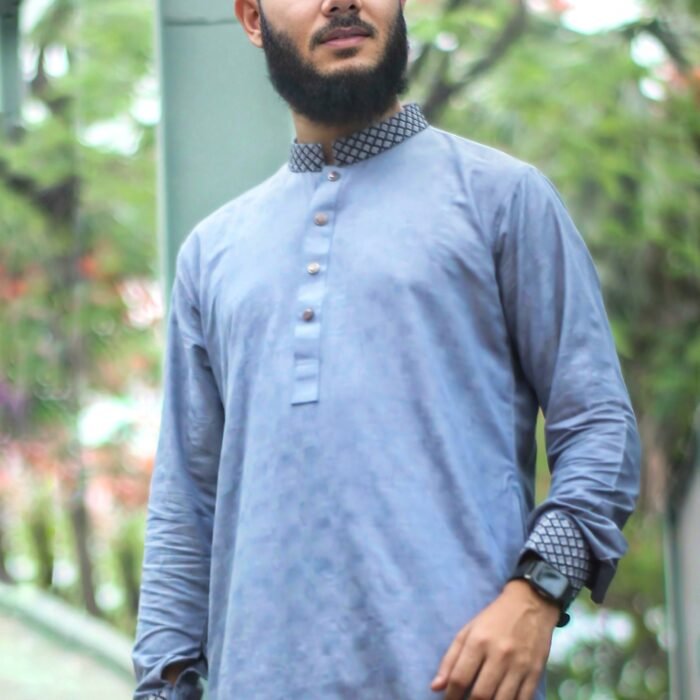 Periwinkle Blue Panjabi with Checkered Collar & Cuffs